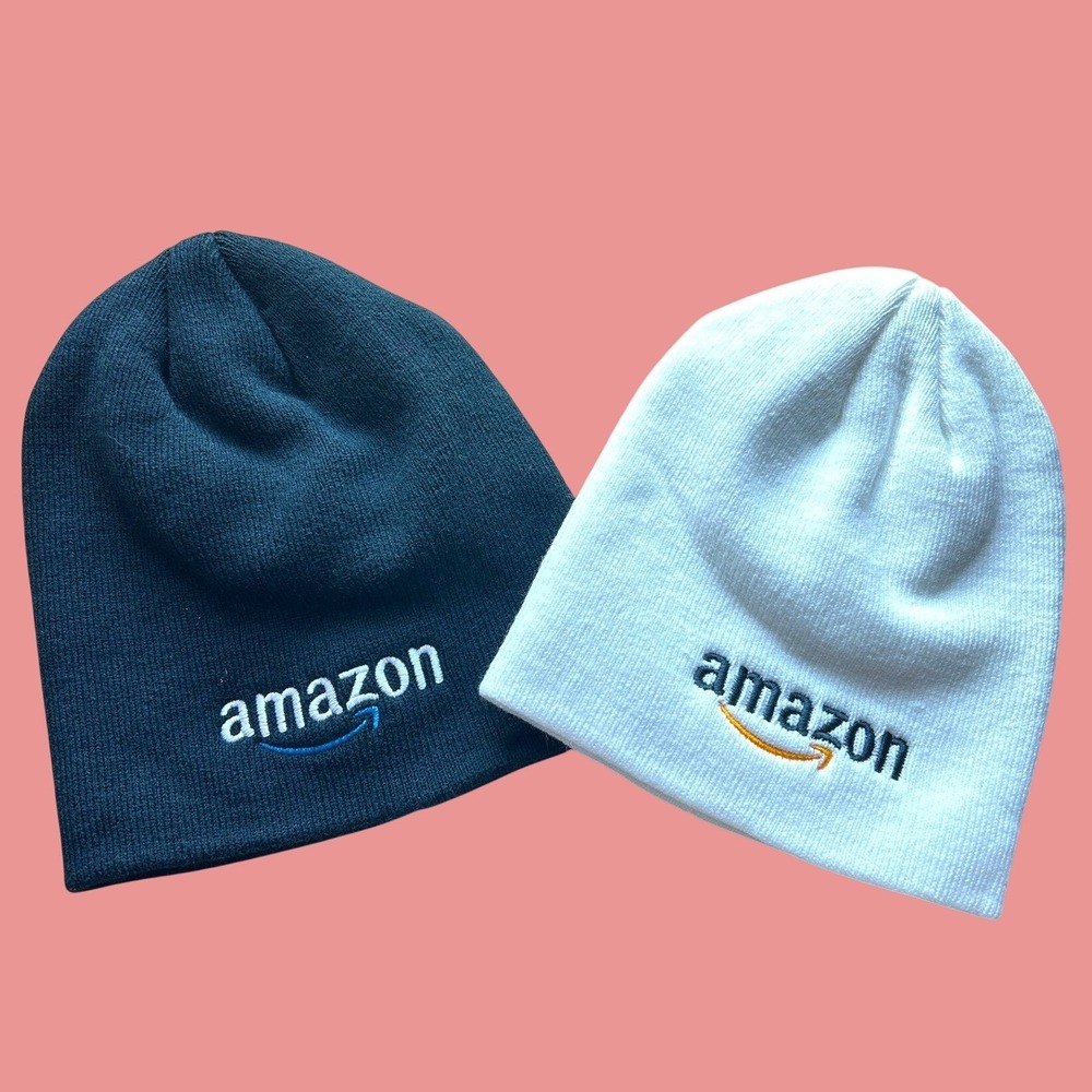 Amazon Logo White Black Knit Beanie Set of 2 Embroidered Casual Relaxed Stretch